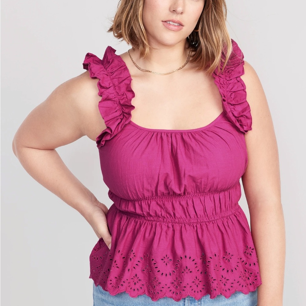 Sleeveless Waist-Defined Ruffle-Trimmed Embroidered Babydoll Blouse Dragon Fruit - Picture 7 of 9